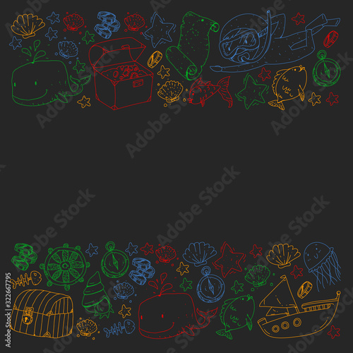 Vector set with underwater diving icons and pirate elements. Treasure chest, ship, octopus, diver. Little boys and kingergarten preschool girls summer vacation and adnventure