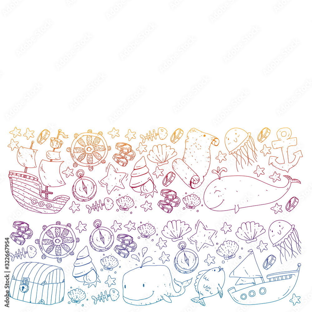 Vector set with underwater diving icons and pirate elements. Treasure chest, ship, octopus, diver. Little boys and kingergarten preschool girls summer vacation and adnventure Vector set with underwater diving icons and pirate elements. Treasure chest, ship, octopus, diver. Little boys and kingergarten preschool girls summer vacation and adnventure