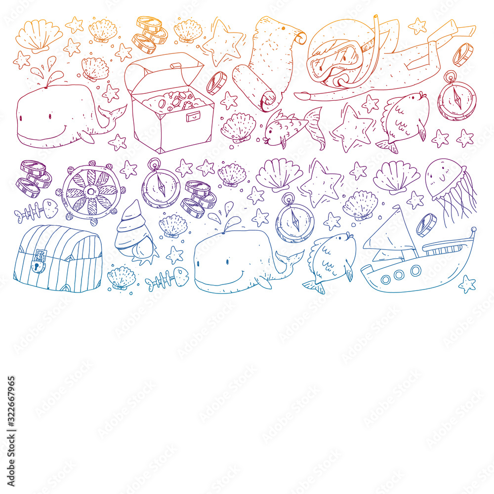 Vector set with underwater diving icons and pirate elements. Treasure chest, ship, octopus, diver. Little boys and kingergarten preschool girls summer vacation and adnventure Vector set with underwater diving icons and pirate elements. Treasure chest, ship, octopus, diver. Little boys and kingergarten preschool girls summer vacation and adnventure