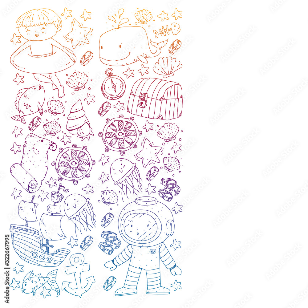 Fototapeta premium Vector set with underwater diving icons and pirate elements. Treasure chest, ship, octopus, diver. Little boys and kingergarten preschool girls summer vacation and adnventure