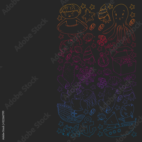 Vector set with underwater diving icons and pirate elements. Treasure chest, ship, octopus, diver. Little boys and kingergarten preschool girls summer vacation and adnventure