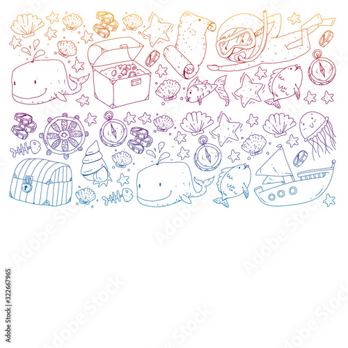 Vector set with underwater diving icons and pirate elements. Treasure chest, ship, octopus, diver. Little boys and kingergarten preschool girls summer vacation and adnventure