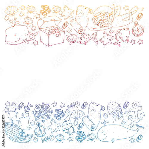 Vector set with underwater diving icons and pirate elements. Treasure chest, ship, octopus, diver. Little boys and kingergarten preschool girls summer vacation and adnventure photo