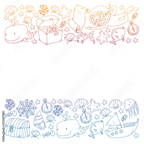 Vector set with underwater diving icons and pirate elements. Treasure chest, ship, octopus, diver. Little boys and kingergarten preschool girls summer vacation and adnventure