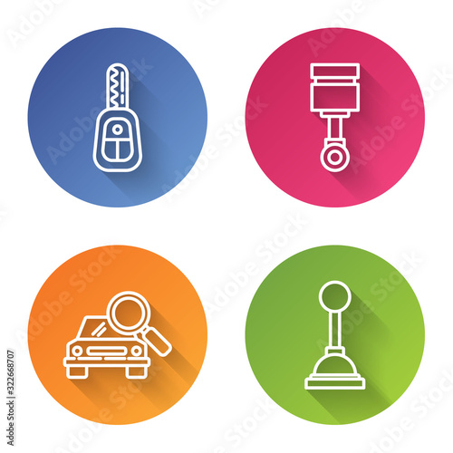Set line Car key with remote, Engine piston, Car search and Gear shifter. Color circle button. Vector