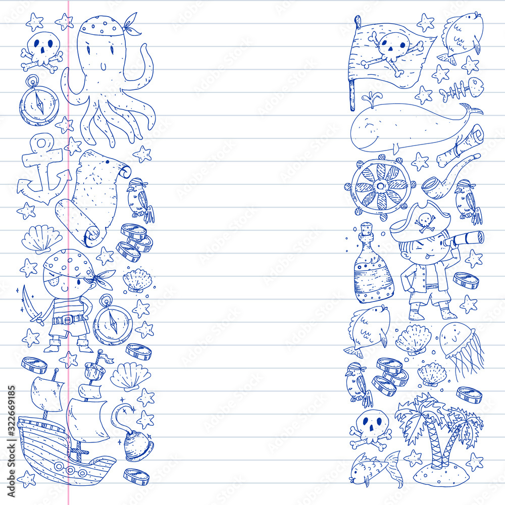 Pirate party. Illustrations for little children. Kids birthday celebration with treasure island, octopus, pirates Pirate party. Illustrations for little children. Kids birthday celebration with treasure island, octopus, pirates