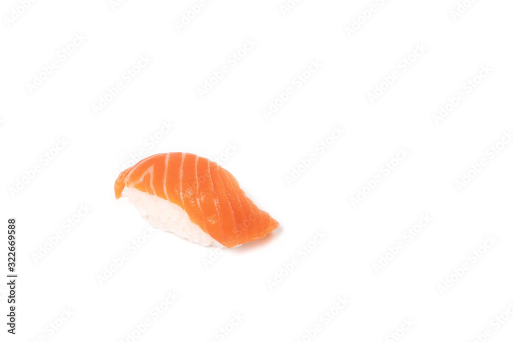 one isolated section view of salmon sushi on white background. Clipping paths one isolated section view of salmon sushi on white background. Clipping paths
