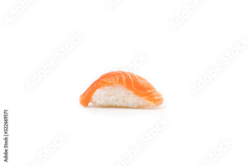 one isolated section view of salmon sushi on white background. Clipping paths