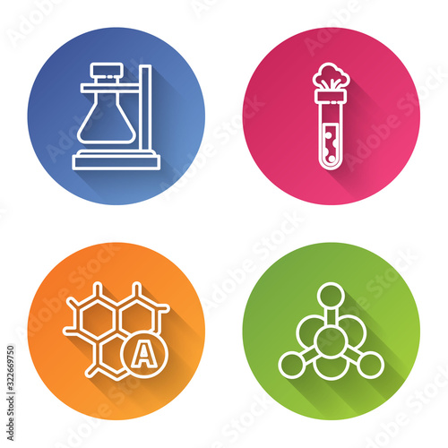 Set line Test tube flask on stand, Test tube and flask chemical, Chemical formula and Bacteria. Color circle button. Vector