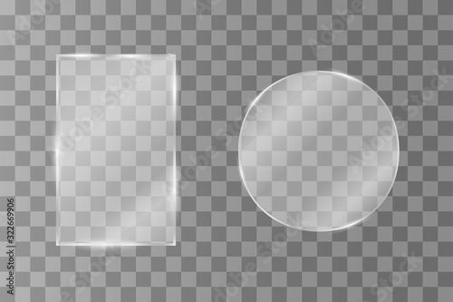 Clear glass with highlights and rays of light. The glass is rectangular and round in shape. Realistic glare and rays of light. Transparent background. Vector