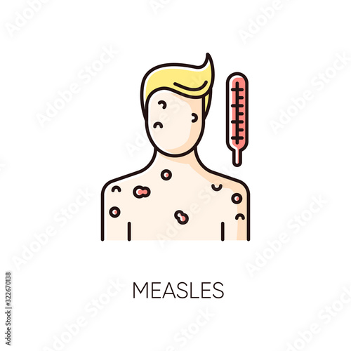 Measles RGB color icon. Pandemic viral infection, contagious rubella virus. Medical diagnosis, virology. Infected person with chickenpox symptoms, rash and fever isolated vector illustration