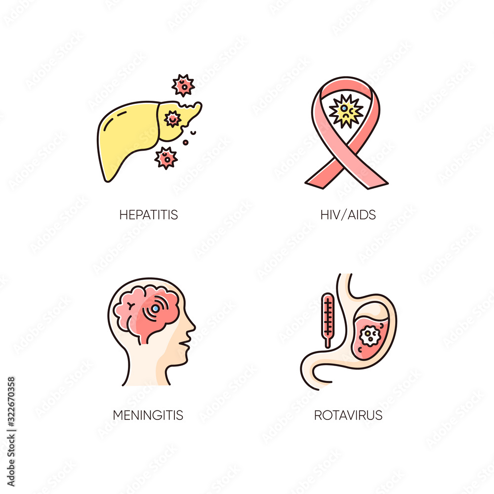 Dangerous illnesses RGB color icons set. HIV, AIDS, meningitis, rotavirus and hepatitis viruses. Medical diagnosis, healthcare and medicine. Different viral diseases isolated vector illustrations Dangerous illnesses RGB color icons set. HIV, AIDS, meningitis, rotavirus and hepatitis viruses. Medical diagnosis, healthcare and medicine. Different viral diseases isolated vector illustrations