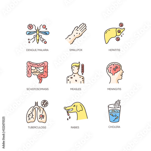 Viral infections RGB color icons set. Different infectious diseases, contagious bacterial viruses. Medical diagnosis, virology. Various bacterial pathogens isolated vector illustrations