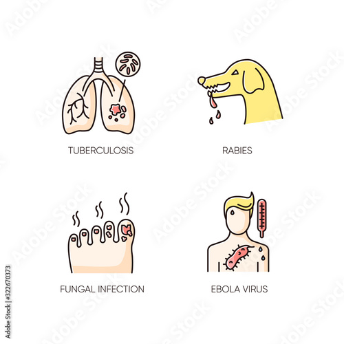 Viral and infectious diseases RGB color icons set. Tuberculosis, rabies, fungal infection and ebola virus. Medical diagnosis, virology. Dangerous illnesses isolated vector illustrations