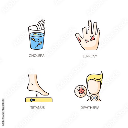 Endemic diseases RGB color icons set. Cholera, leprosy, tetanus and diphtheria viruses. Medical diagnosis, healthcare and medicine. Different bacterial infections isolated vector illustrations photo