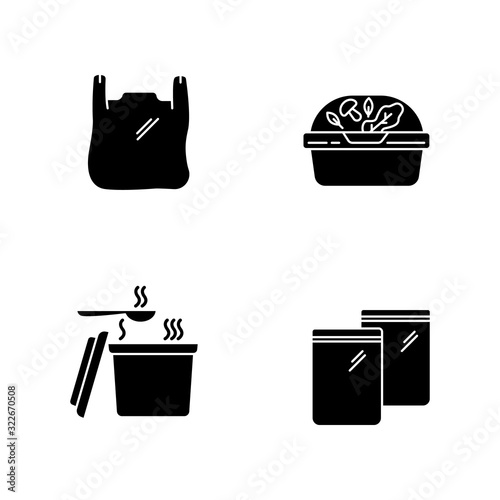 Takeout packages black glyph icons set on white space. Plastic bag with handles, container with lid for salad, zip packet, hot food takeaway package. Silhouette symbols. Vector isolated illustration