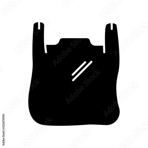 Plastic bag with handles black glyph icon. Disposable empty clear package. T shirt bag polyethylene wrapping. Takeaway transparent pack. Silhouette symbol on white space. Vector isolated illustration