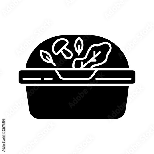 Plastic container for salad black glyph icon. Reusable lunchbox. Takeaway food package with lid. Takeout meal in lunch box. Take away dinner Silhouette symbol on white space. Vector illustration