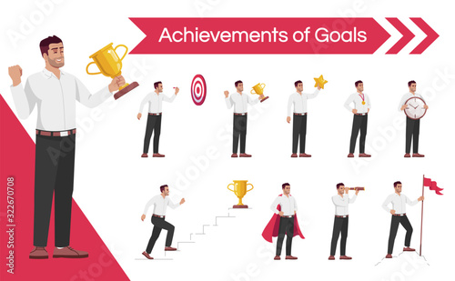 Businessman career achievements flat vector illustrations set. Employee strategic thinking and time management skills isolated cartoon one character kit. Ambitious worker motivation