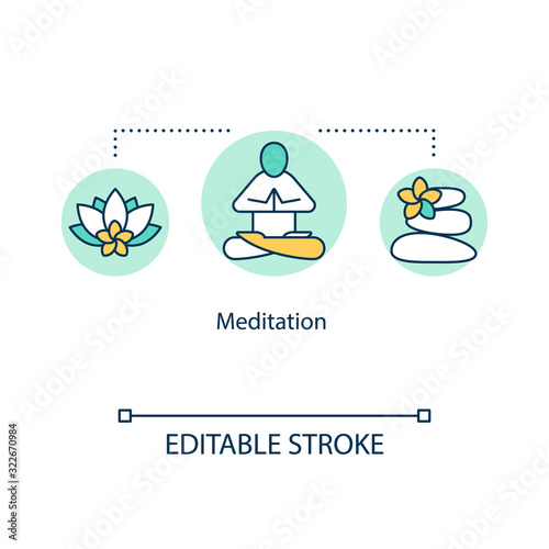 Meditation concept icon. Mindfulness idea thin line illustration. Inner calm practice. Stress reduction. Alternative, complementary medicine. Vector isolated outline RGB color drawing. Editable stroke