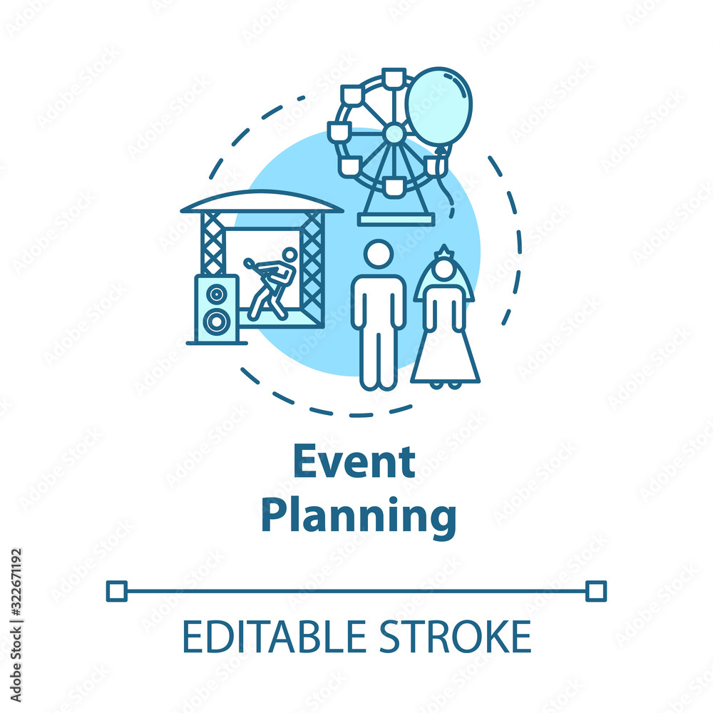 Event planning concept icon. Performance preparation. Wedding organization. Professional agency idea thin line illustration. Vector isolated outline RGB color drawing. Editable stroke Event planning concept icon. Performance preparation. Wedding organization. Professional agency idea thin line illustration. Vector isolated outline RGB color drawing. Editable stroke