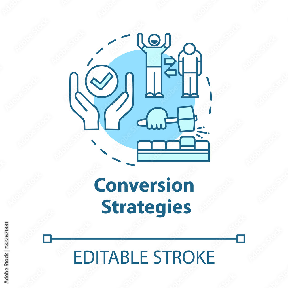 Conversion strategies concept icon. Client engagement. Generating lead customers. E-commerce and marketing idea thin line illustration. Vector isolated outline RGB color drawing. Editable stroke