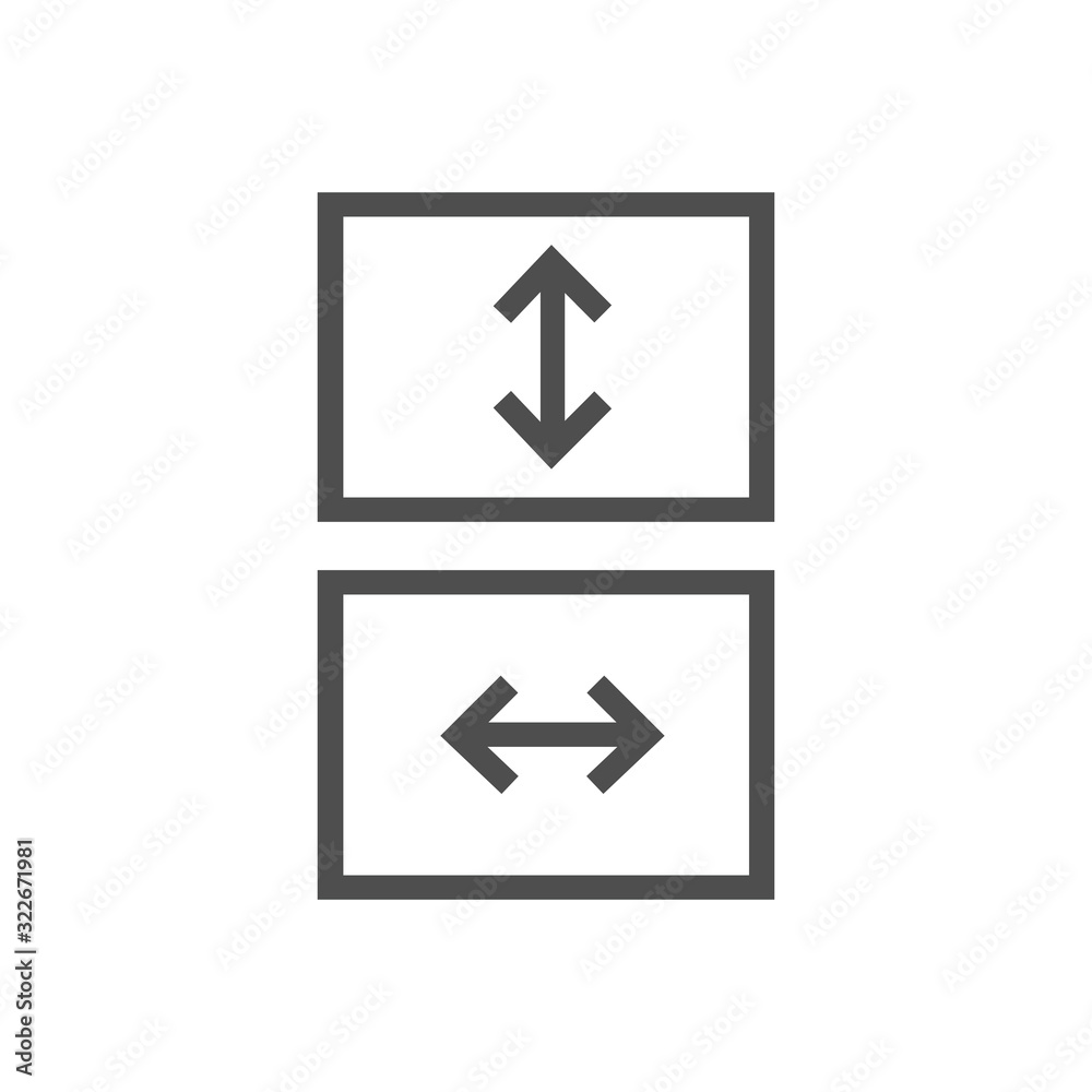 Fit to screen icon, box with arrows, full screen view icon. Stretch or shrink vertically or horizontally. Stock Vector illustration isolated on white background. Fit to screen icon, box with arrows, full screen view icon. Stretch or shrink vertically or horizontally. Stock Vector illustration isolated on white background.