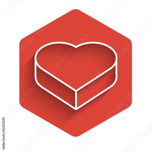 White line Candy in heart shaped box and bow icon isolated with long shadow. Valentines Day. Red hexagon button. Vector Illustration