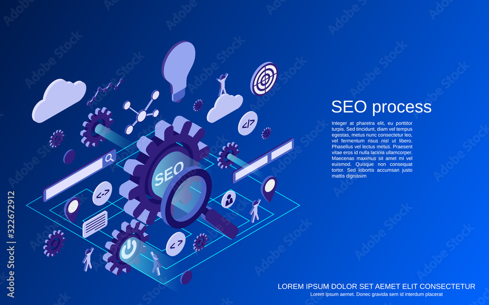 SEO optimization process, information processing, web search flat isometric vector concept illustration SEO optimization process, information processing, web search flat isometric vector concept illustration