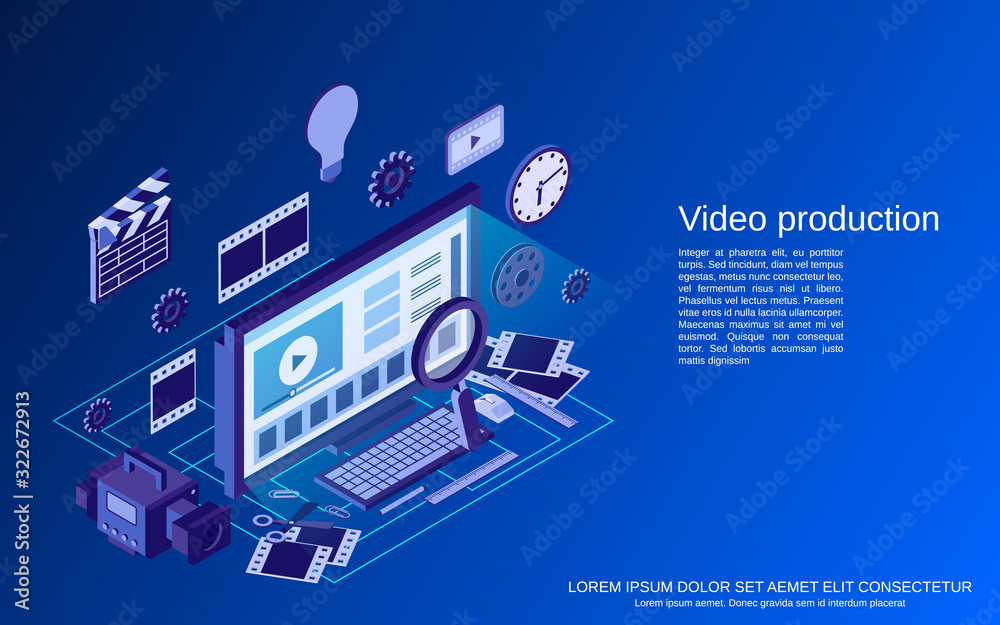 Video production flat 3d isometric vector concept illustration