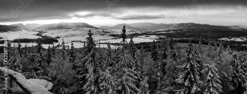 Panoramic view from Borowa Gora view point during winter time. Frosty structure, glazed, icy branches. Walbrzych in the background, Lower Silesia, Poland photo