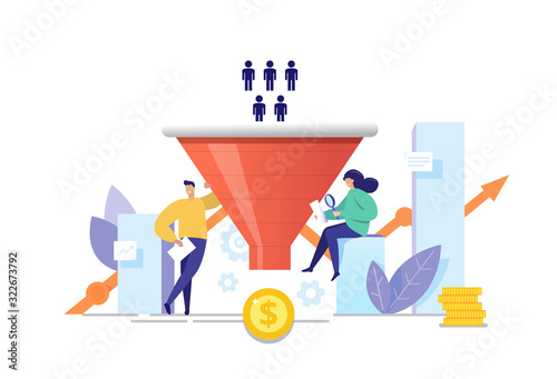The process of communication and attracting new customers and making a profit business concept. Sales funnel analysis flat vector illustration. Purchase funnel, lead generation in digital marketing.