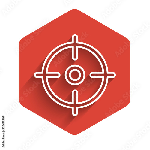 White line Target sport icon isolated with long shadow. Clean target with numbers for shooting range or shooting. Red hexagon button. Vector Illustration