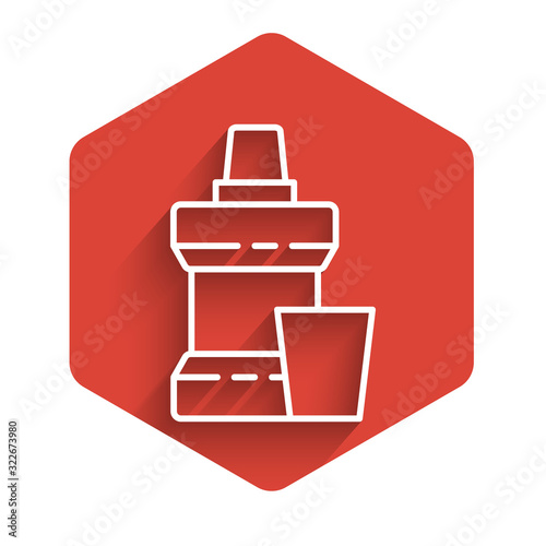 White line Mouthwash plastic bottle and glass icon isolated with long shadow. Liquid for rinsing mouth. Oralcare equipment. Red hexagon button. Vector Illustration