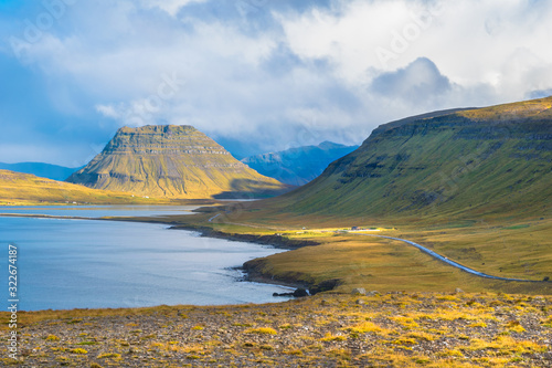 Beautiful  view of Kirkjufell mountain in Snaefellsnes peninsula  from Hringvegur Road - Ring Road IS 1 - Iceland
