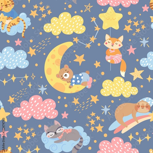Seamless pattern with cute sleeping animals on moon and star. Good night and sweet dreams. Cartoon kids texture and background. Vector illustration