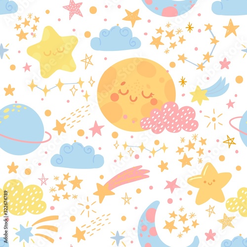 Seamless pattern with cute moon, stars and clouds. Good night and sweet dreams. Cartoon kids texture and background. Vector illustration