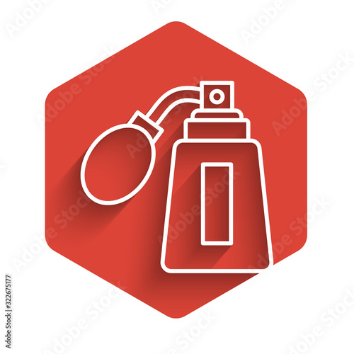 White line Aftershave bottle with atomizer icon isolated with long shadow. Cologne spray icon. Male perfume bottle. Red hexagon button. Vector Illustration