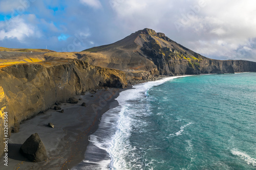 Fototapeta Naklejka Na Ścianę i Meble -  Beautiful view of Festarfjall mountain an beach in Grindavik village, Reykjanes peninsula - Iceland