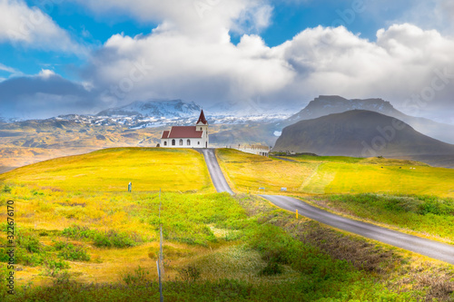 Beautiful view of Ingjaldsholskirkja church in Hellissandur village - Iceland