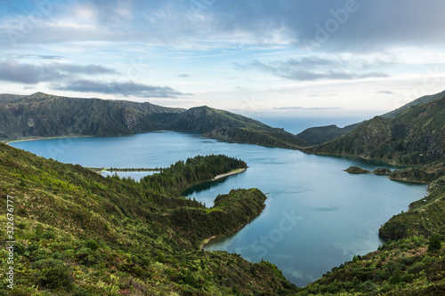 "Lagoa do Fogo" lagoon surrounded by green forest located on Sao Miguel, Azores, Portugal.