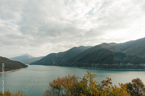 Landscape view with thick clouds of Zhinvali reservior of Goergia country.