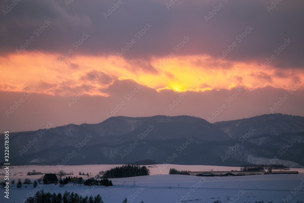 Sunset of Biei Winter in Hokkaido Japan
