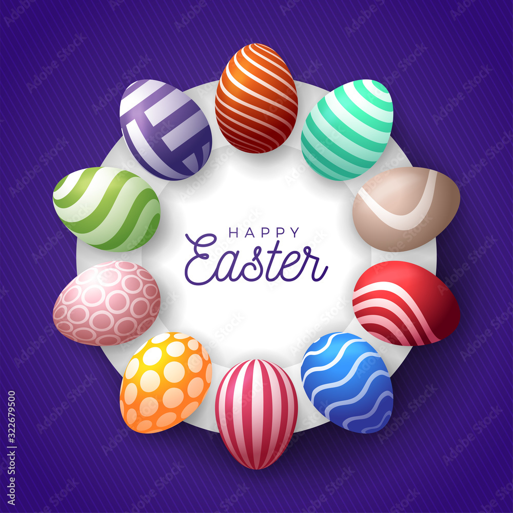 Easter egg banner. Easter card with eggs laid out in a circle on a white plate, colorful ornate eggs on purple modern background. Vector illustration. Place for your text