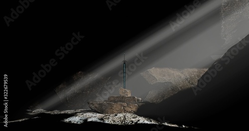 Tableau sur toile Excalibur sword in the stone in the dark cave with sun beam
