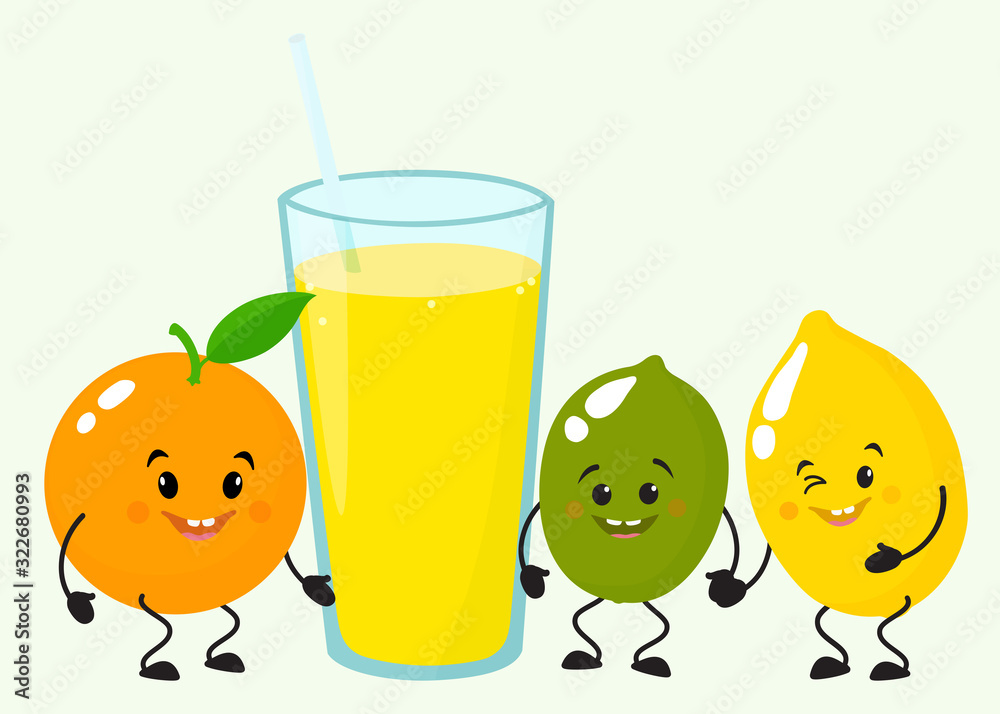 Cute happy character lemon, orange, lime, with a glass of glass. Stock ...