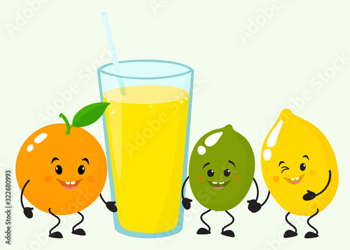 Cute happy character lemon, orange, lime, with a glass of glass.