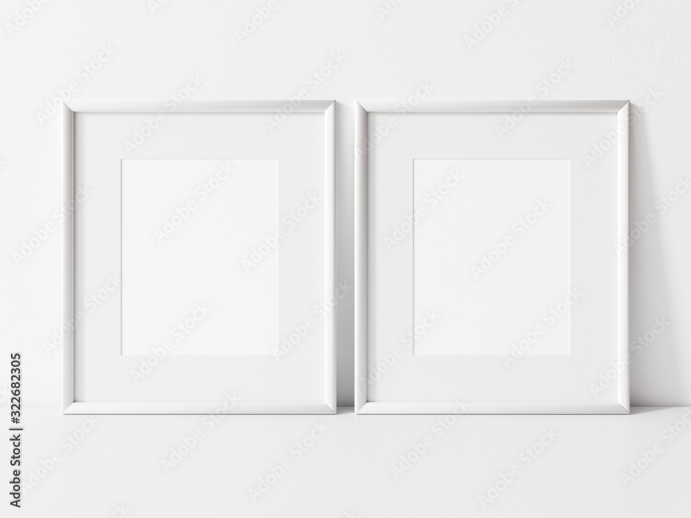 Two vertical white frame mockup. White frame on white table mock up. 3d illustrations. Two vertical white frame mockup. White frame on white table mock up. 3d illustrations.