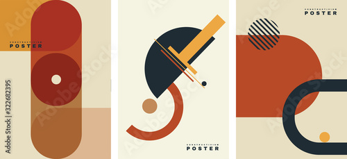 Vector. Set of costructivism abstract posters. Geometric shapes, template design, modern minimal wall art, terracotta color elements. Layout for flyer, poster, magazine or brochure. Avant garde.  photo