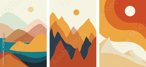 Vector. Set of costructivism abstract posters landscapes. Geometric shapes, template design, modern minimal wall art, terracotta color elements. For flyer, poster, magazine or brochure. Avant garde. 